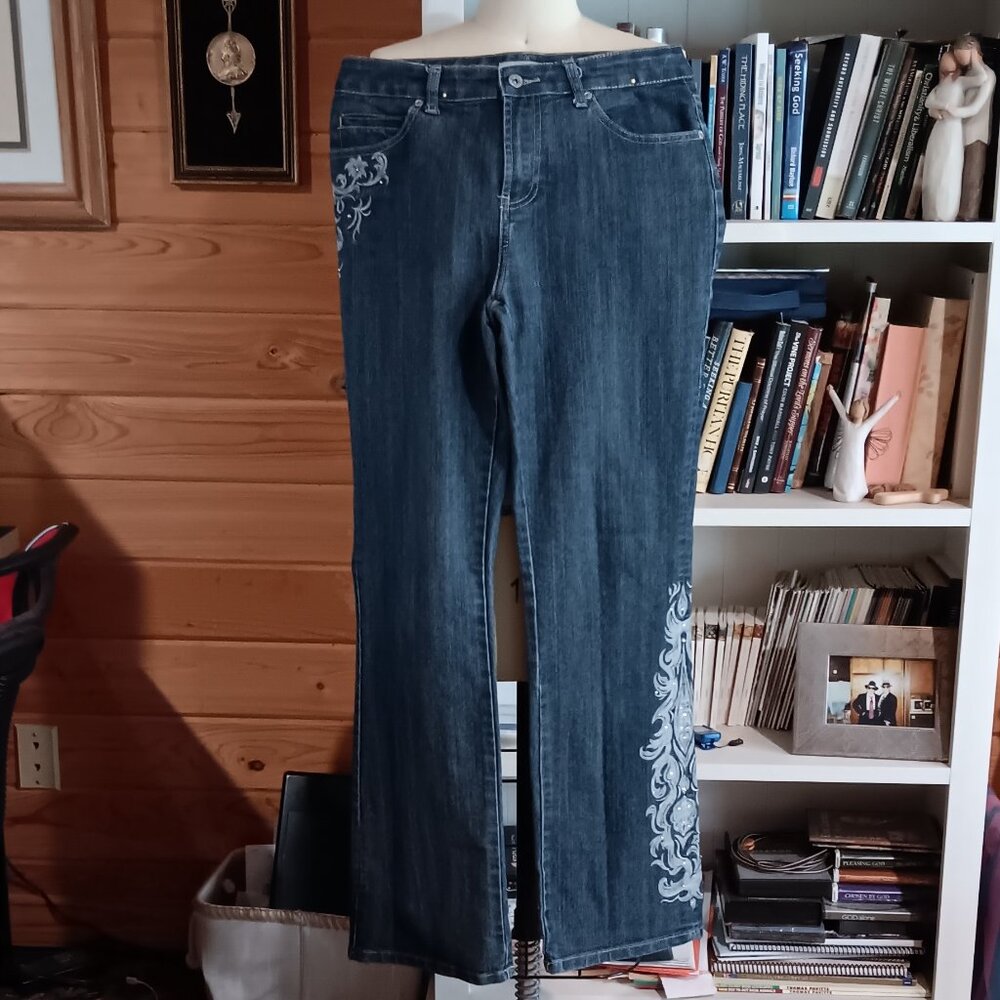 Chico's Platinum painted, rhinestone jeans